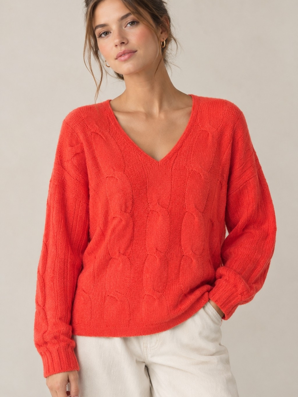 The Limited Women's Angora-wool Cable Knit Sweater V-neck Orange Grandpa winter